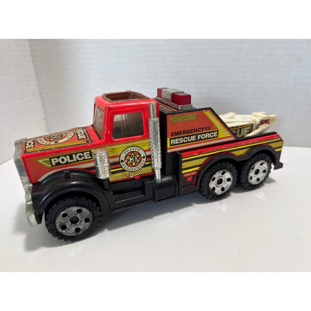 Vintage Buddy L Police Rescue Force Tow Truck Red Pressed Steel Emergency 911
